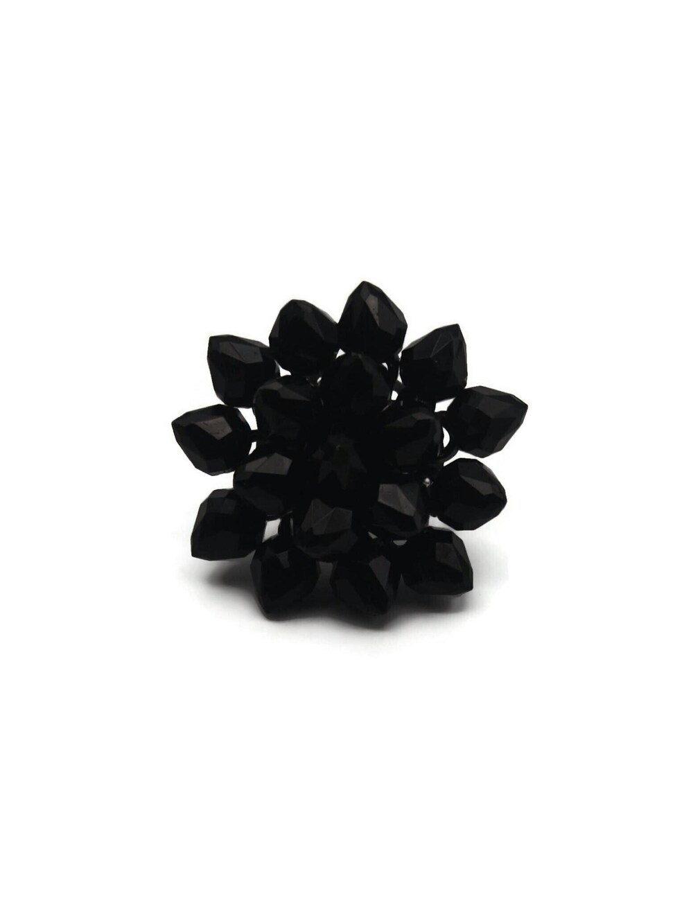 Vintage Black Plastic and Silver Tone Floral Design Size 6 Adjustable Ring.